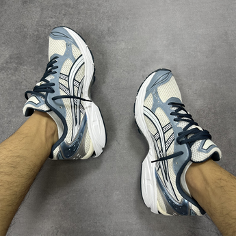 ASICS Gel-Kayano 14 Cream Raw Indigo - Double on-foot view (2026-10-10)