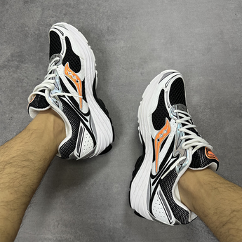 Saucony ProGrid Omni 9 Speed Shades White Black Orange - Double on-foot view (2026-10-10)