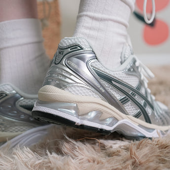ASICS GEL-Kayano 14 Women’s — lateral close-up of mesh upper and overlays