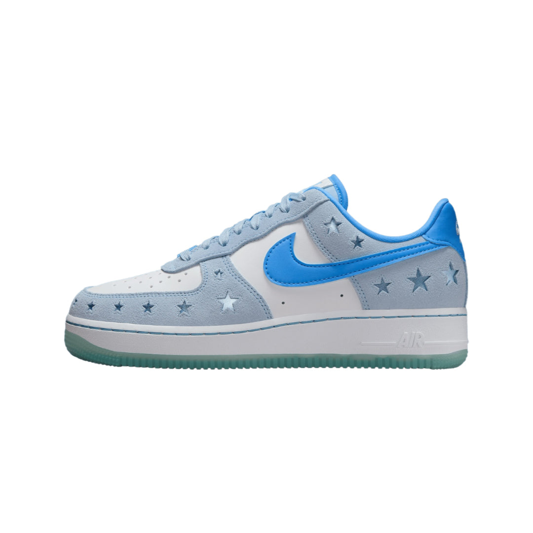 Women’s Nike Air Force 1 “Starstruck” Ice Blue (HQ8051-400) lateral view with suede and star perforations